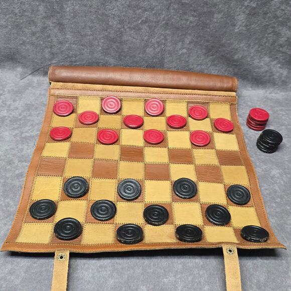 Top Grain Leather Roll Up Chess / Checker Travelling Game Board - Picture 4 of 8